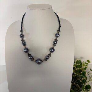 Gray Faux Pearl Seed Bead Necklace Smoky Faceted Beads Silver Tone Spacers 25 in